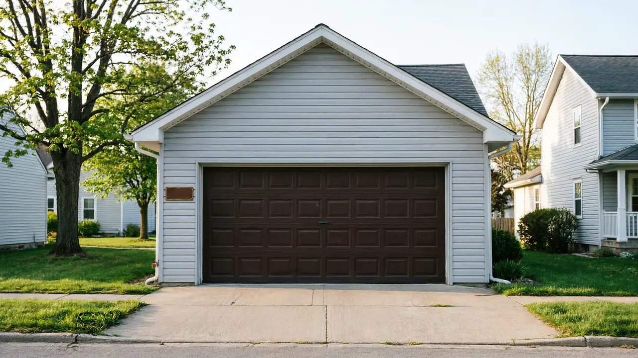 A light gray garage with a brown garage door and a concrete driveway.
