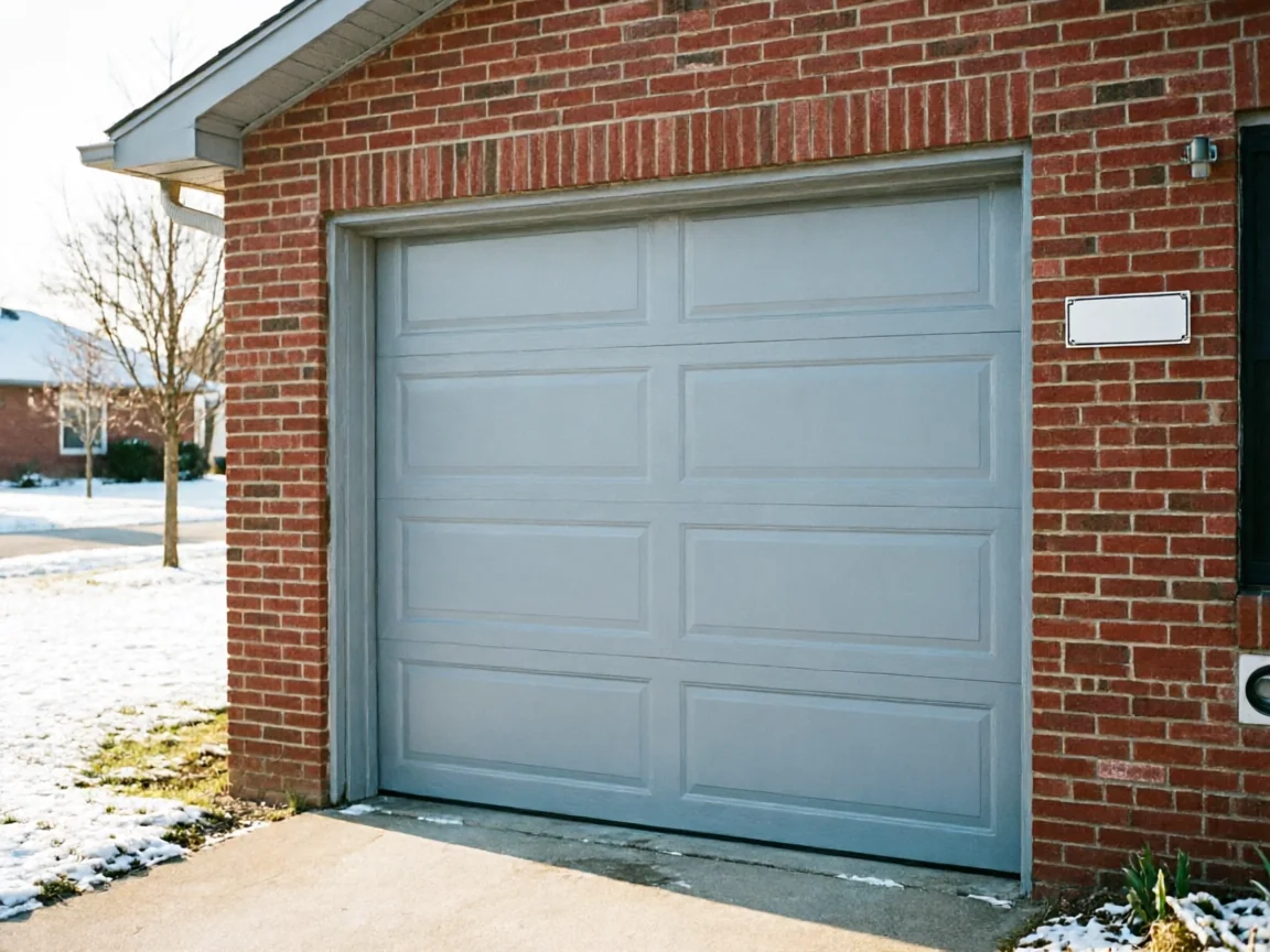 A light gray garage door is set in a red brick house with snow on the ground.