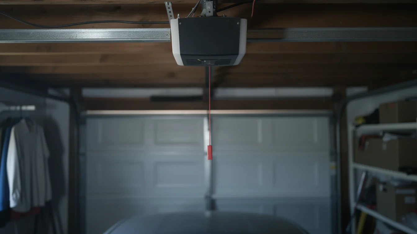 A garage door opener is mounted to the ceiling with a red emergency release cord.