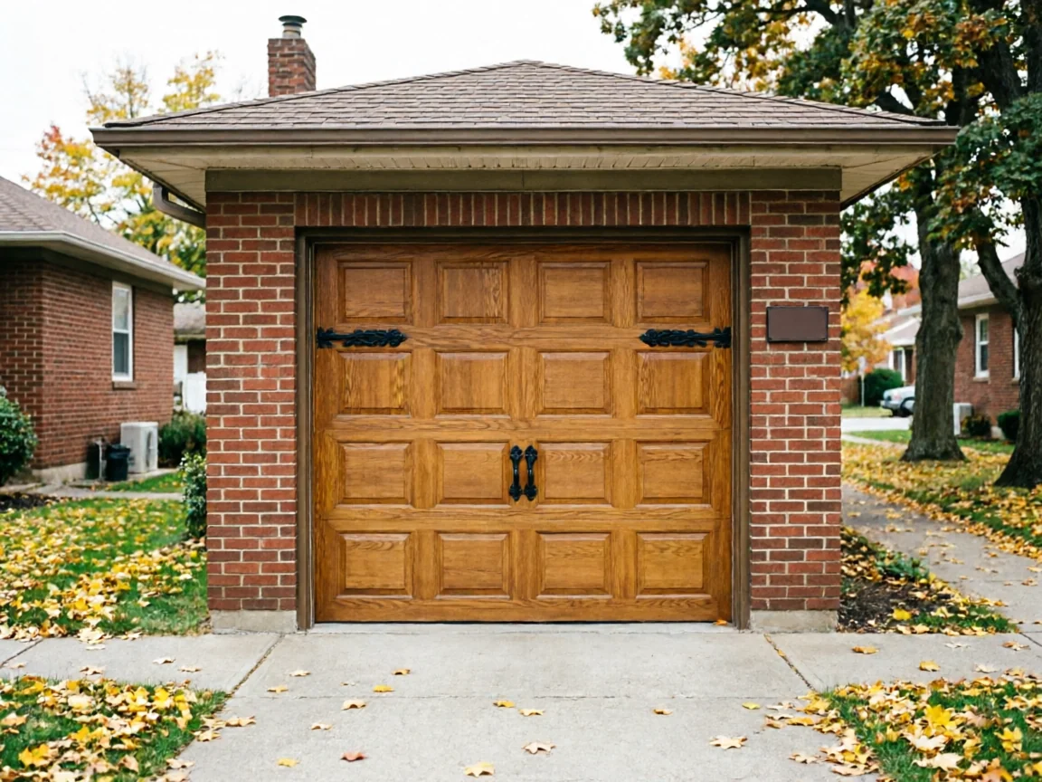 The garage door is light brown wood with black decorative hardware on a brick garage.